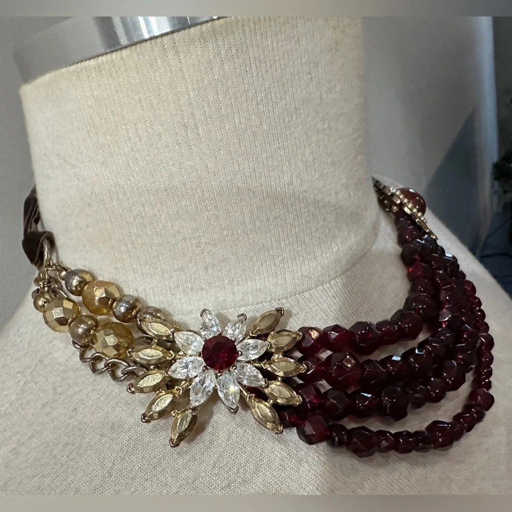 Vintage Multi-Strand Statement Necklace with Velvet Ribbon Accent, Burgundy